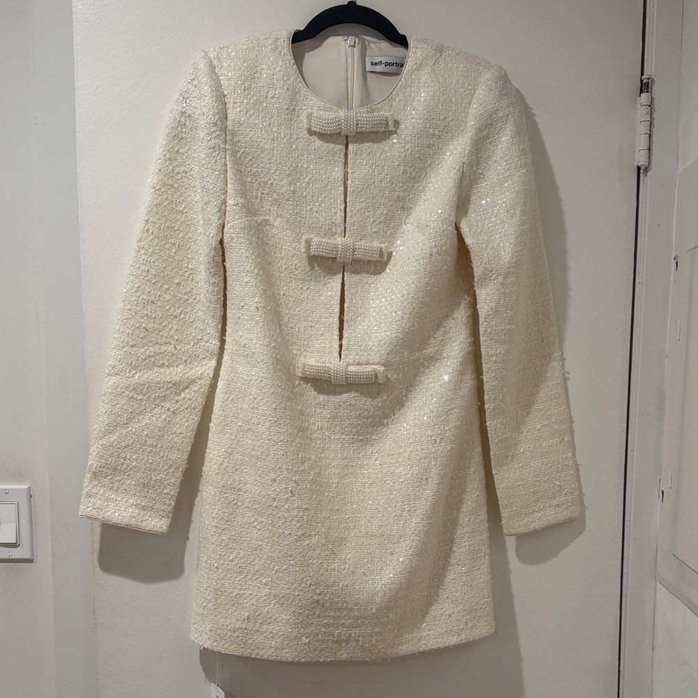 Self Portrait Tweed Cream Dress with Bow Accents